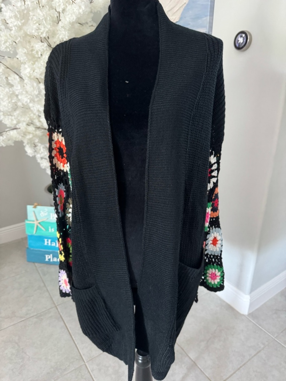 Black Open-Front Cardigan with Multicolor Floral Crochet Sleeves